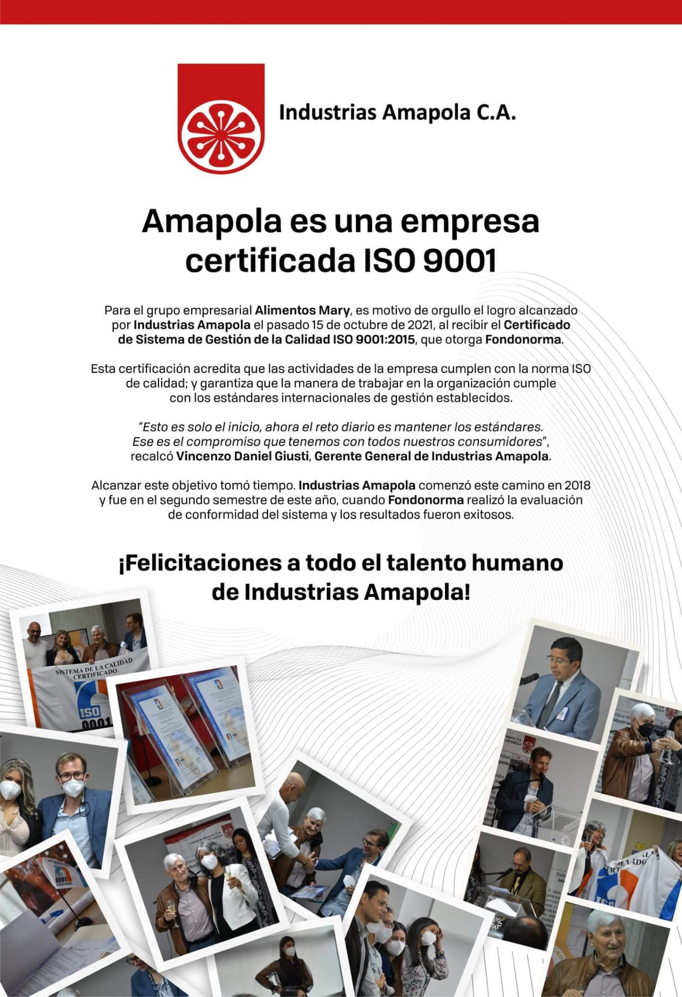 Industrias Amapola es una empresa certificada ISO 9001